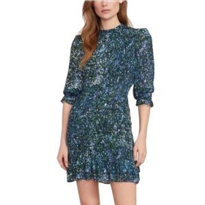 Veronica Beard Farha Smocked Mini Dress Ruffle Hem Bubble Print Mockneck Size 10